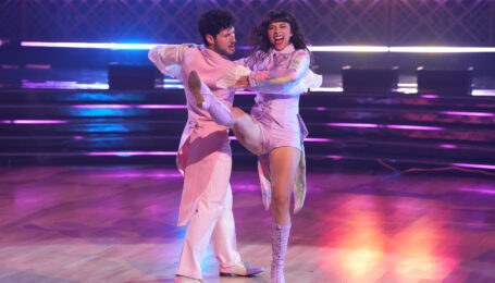 Xochitl Gomez and Valentin Chmerkovskiy perform a quickstep to “Paper Rings” by Taylor Swift. Photo by Disney/Eric McCandless.