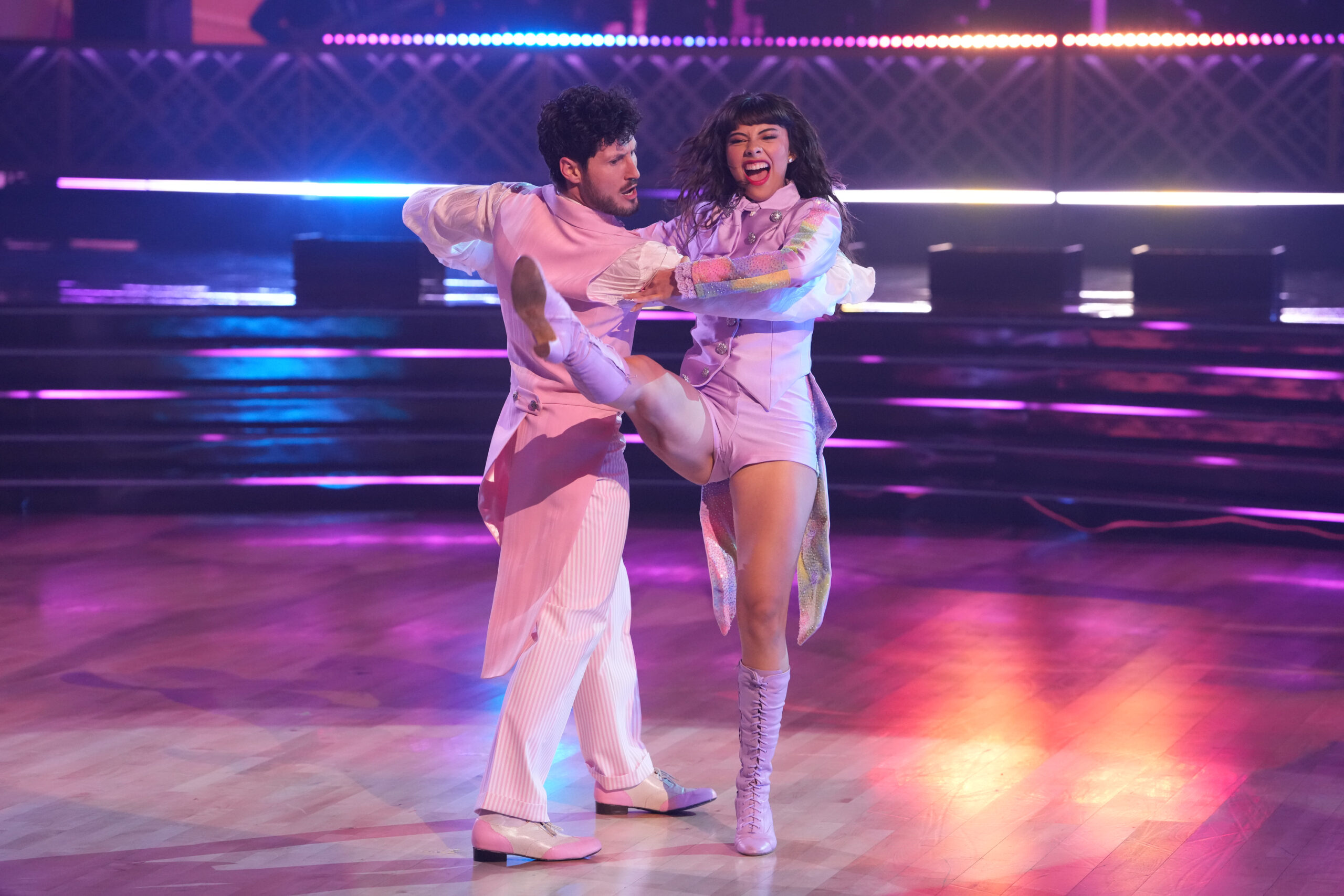 Xochitl Gomez and Valentin Chmerkovskiy perform a quickstep to “Paper Rings” by Taylor Swift. Photo by Disney/Eric McCandless.