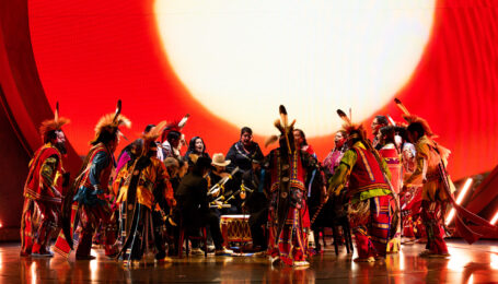 The Osage Tribal Singers and Dancers perform onstage during the Oscars.