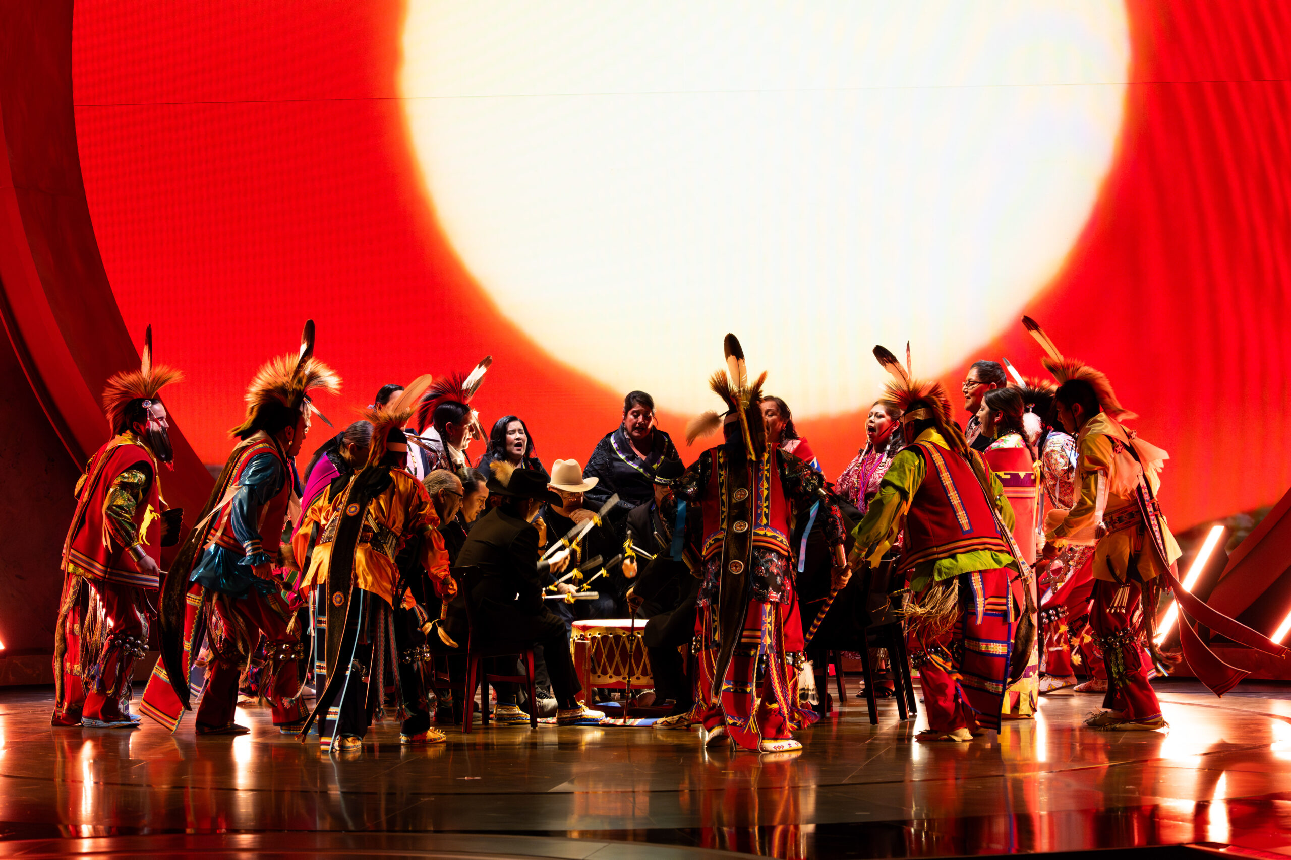 The Osage Tribal Singers and Dancers perform onstage during the Oscars.