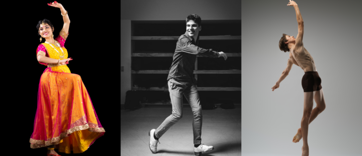 YoungArts winners Vyoma Bhanap, Asmund Erickson and Sam Fine in dance poses.