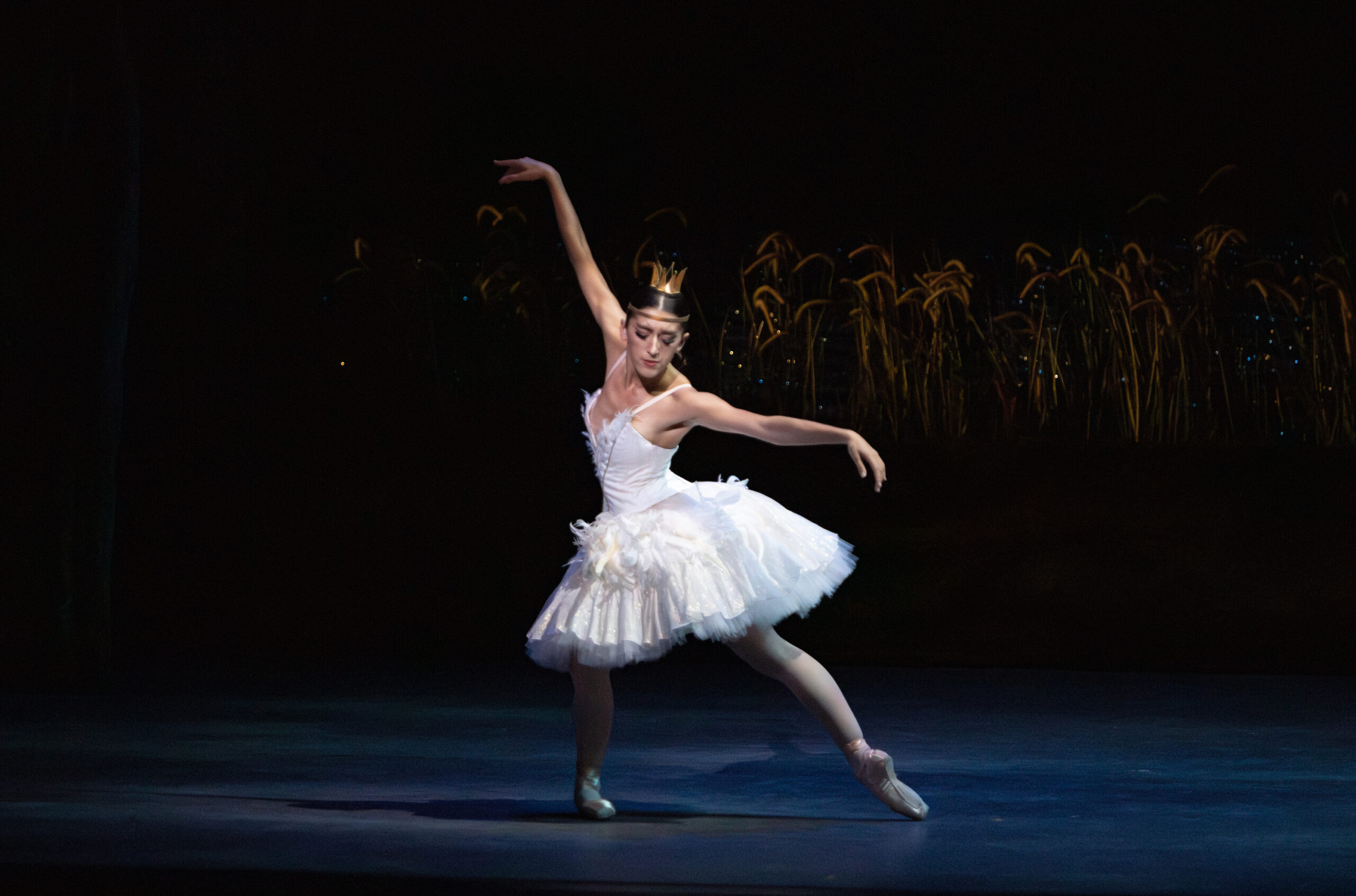 a female dancer wearing a white tutu as she lunges on stage with her arms extended