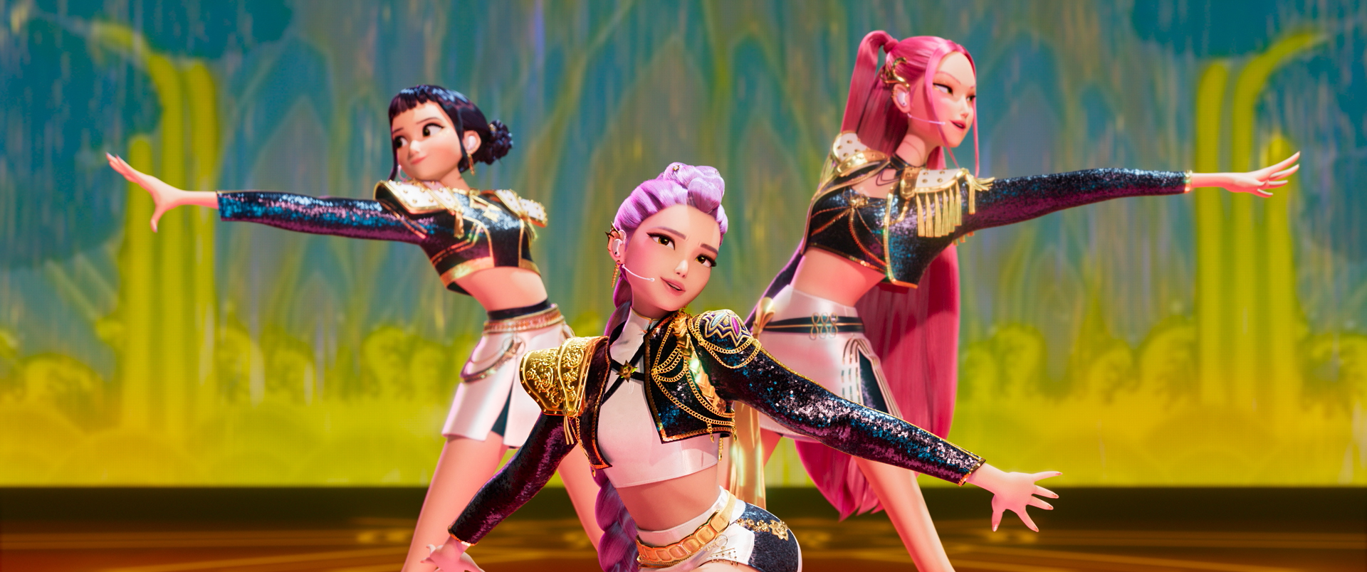 A still from "KPop Demon Hunters" showing three female K-Pop stars performing onstage.