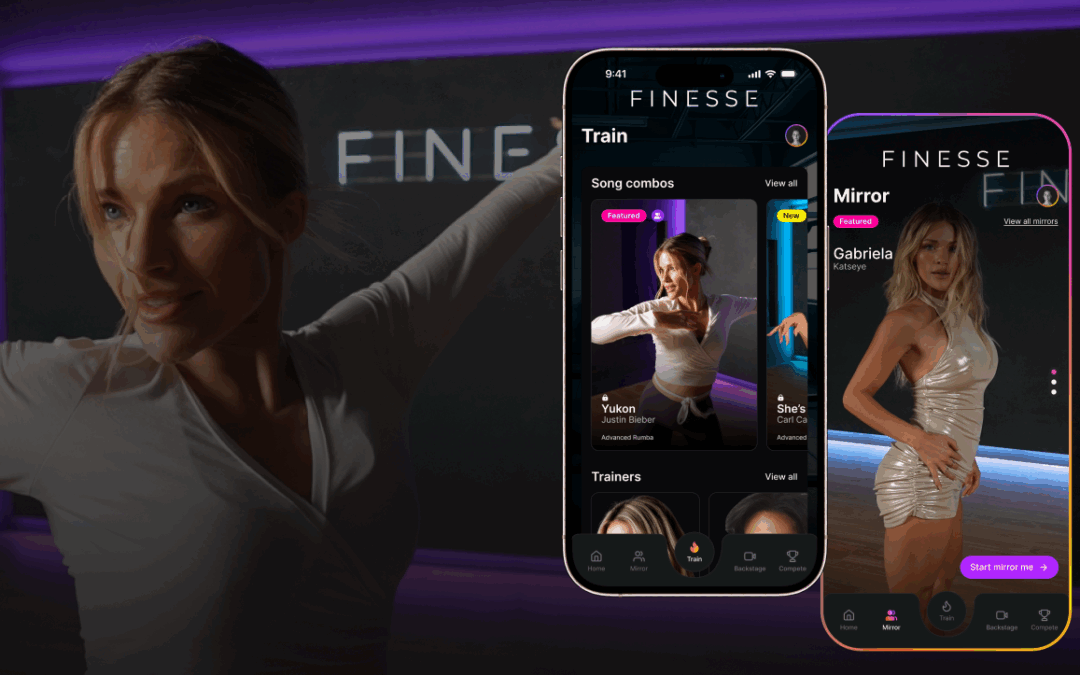In the background, a close-up of Witney Carson dancing in a studio with purple lighting. To the right, two phone screens show different virtual dance tutorials through Carson's Finesse app.