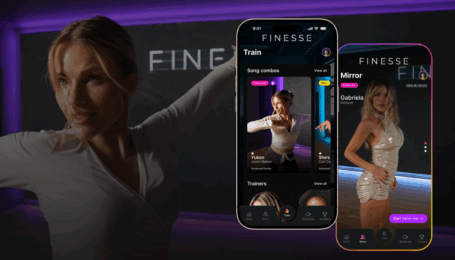 In the background, a close-up of Witney Carson dancing in a studio with purple lighting. To the right, two phone screens show different virtual dance tutorials through Carson's Finesse app.
