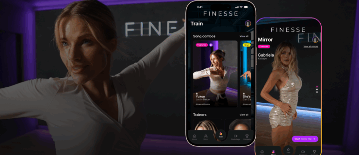 In the background, a close-up of Witney Carson dancing in a studio with purple lighting. To the right, two phone screens show different virtual dance tutorials through Carson's Finesse app.