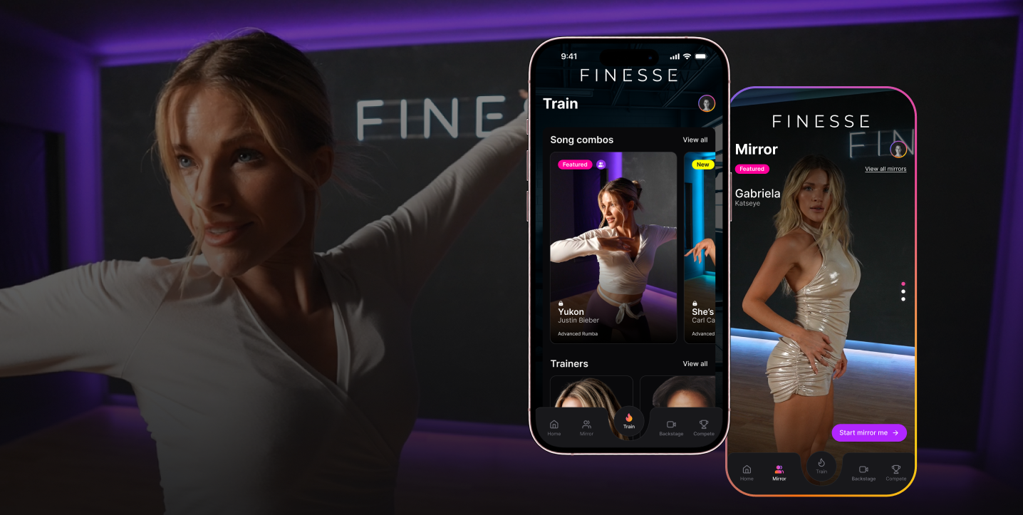 In the background, a close-up of Witney Carson dancing in a studio with purple lighting. To the right, two phone screens show different virtual dance tutorials through Carson's Finesse app.