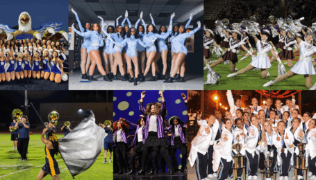 A collage of six photographs of high school dance teams. Some are posed group photos, and others are action shots during performances.