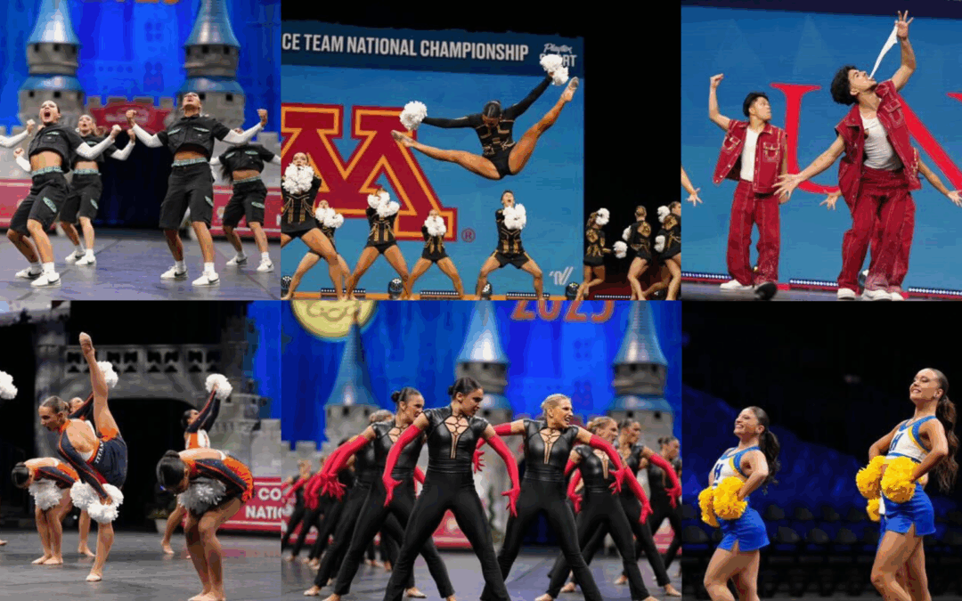 A collage of six photos showing various dance teams competing at the 2025 UDA College Dance Nationals in a variety of genres.