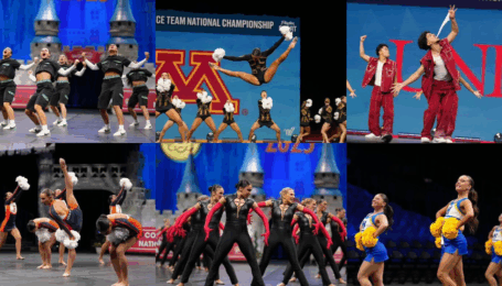 A collage of six photos showing various dance teams competing at the 2025 UDA College Dance Nationals in a variety of genres.