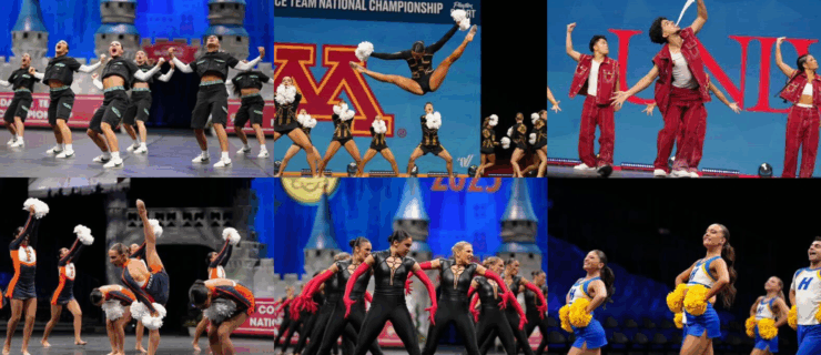 A collage of six photos showing various dance teams competing at the 2025 UDA College Dance Nationals in a variety of genres.