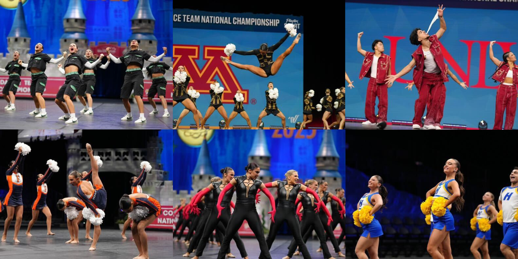 A collage of six photos showing various dance teams competing at the 2025 UDA College Dance Nationals in a variety of genres.