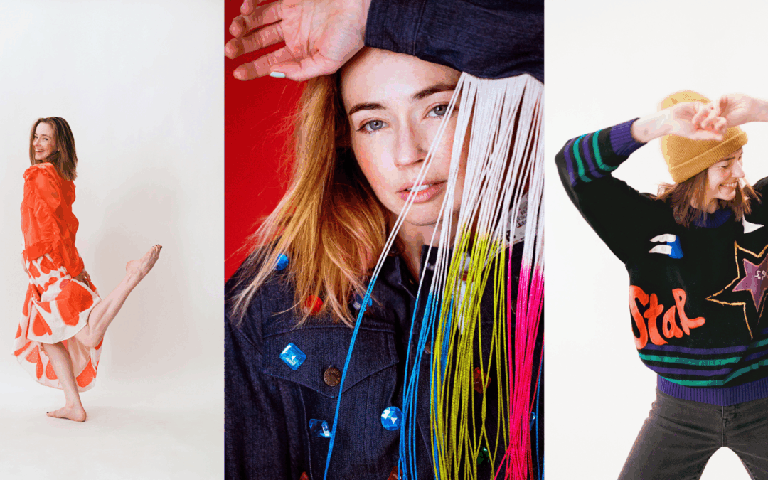 Three photos of Katie Drablos. In the first, she wears an orange patterned outfit and dances in front of a backdrop. In the second, she wears a jean jacket in a close-up headshot. In the third, she dances in a crewneck and beanie.