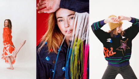 Three photos of Katie Drablos. In the first, she wears an orange patterned outfit and dances in front of a backdrop. In the second, she wears a jean jacket in a close-up headshot. In the third, she dances in a crewneck and beanie.