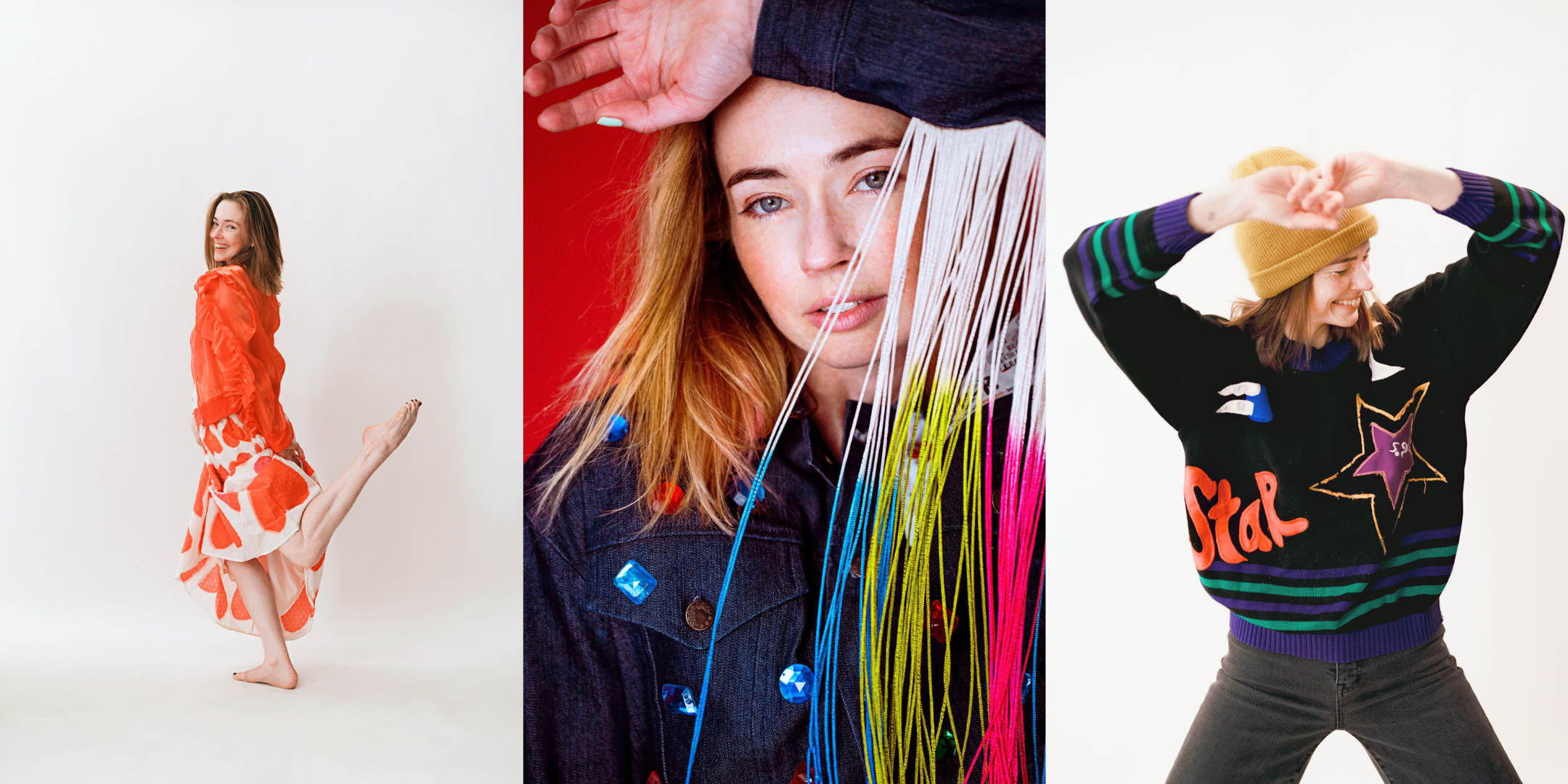 Three photos of Katie Drablos. In the first, she wears an orange patterned outfit and dances in front of a backdrop. In the second, she wears a jean jacket in a close-up headshot. In the third, she dances in a crewneck and beanie.