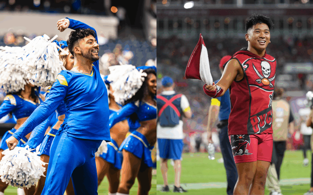 Two photos side-by-side show two male NFL cheerleaders performing on the field. On the left, the uniforms are bright blue, and the dancers use white poms. On the right, the uniform is red and the cheerleader swings a rally towel.