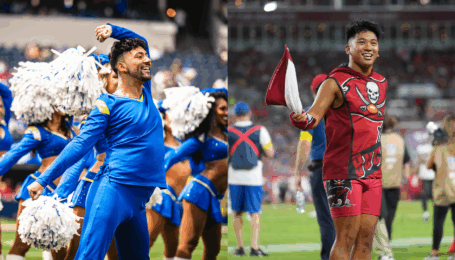 Two photos side-by-side show two male NFL cheerleaders performing on the field. On the left, the uniforms are bright blue, and the dancers use white poms. On the right, the uniform is red and the cheerleader swings a rally towel.