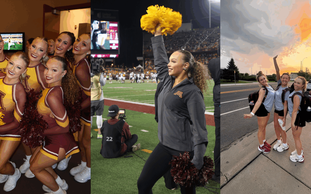 Three photos shown side-by-side. On the left, a group shot of U of M dance team members, indoors, wearing their uniforms. In the middle, Rayna Reid cheers on the sidelines at a U of M football game. She wears black leggings and a gray zip-up with the U of M logo. She raises one pom in the air. On the right, three U of M dance team members pose for a photo on the sidewalk in front of a sunset. They wear gray shirts and black shorts.