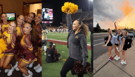 Three photos shown side-by-side. On the left, a group shot of U of M dance team members, indoors, wearing their uniforms. In the middle, Rayna Reid cheers on the sidelines at a U of M football game. She wears black leggings and a gray zip-up with the U of M logo. She raises one pom in the air. On the right, three U of M dance team members pose for a photo on the sidewalk in front of a sunset. They wear gray shirts and black shorts.