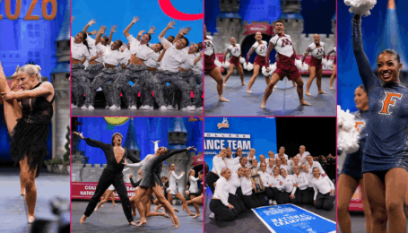 A collage of six photos showing various college dance teams at the 2026 UDA Nationals. Most images show the dancers competing in pom, jazz, or hip hop, but one shows the team posing with a trophy.