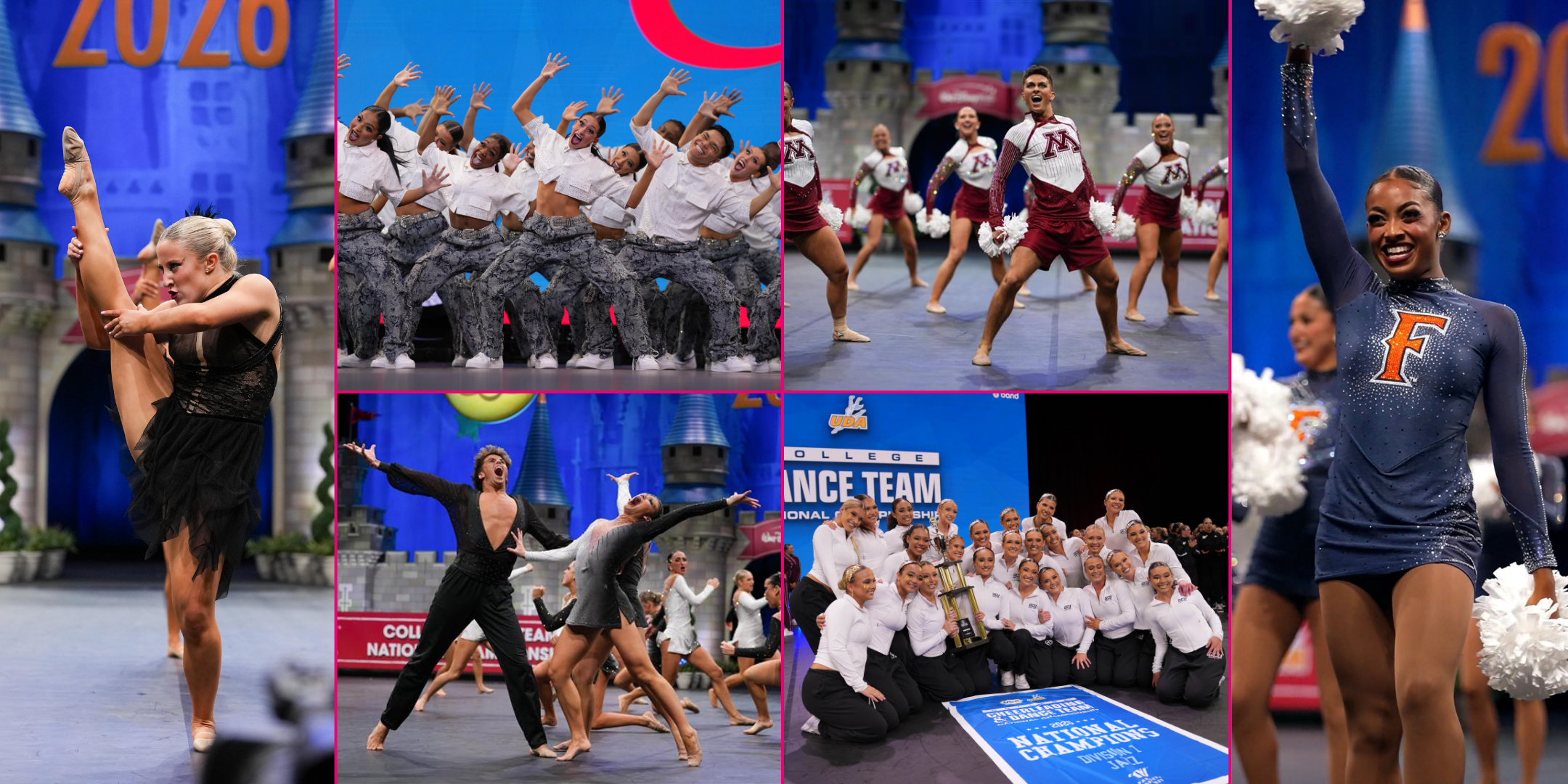 A collage of six photos showing various college dance teams at the 2026 UDA Nationals. Most images show the dancers competing in pom, jazz, or hip hop, but one shows the team posing with a trophy.