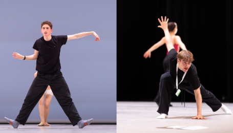 Two photos side-by-side show two young choreographers coaching their solos onstage, wearing all-black.