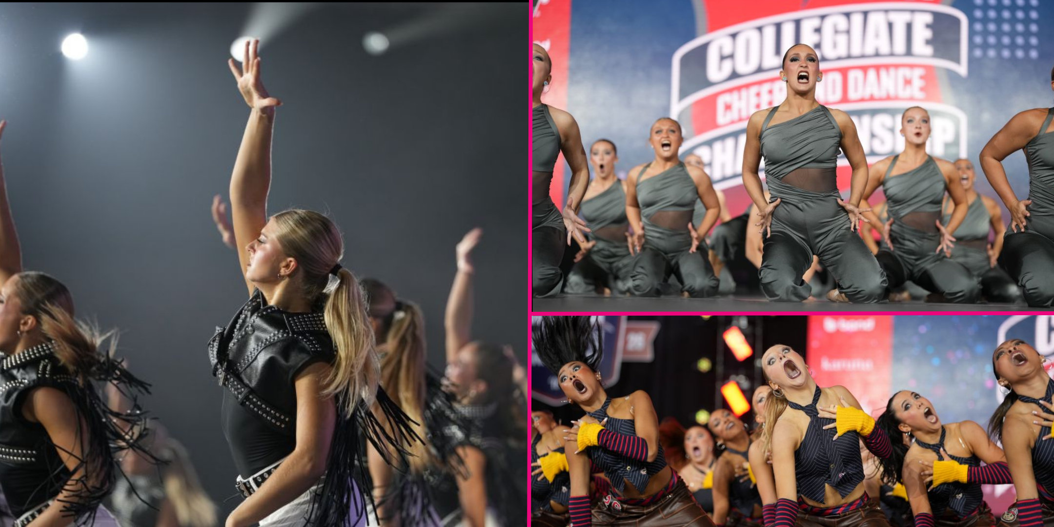 A collage of three photographs from the NDA College Nationals. Each image shows a large ensemble of college-age female dancers performing contemporary, jazz, or hip hop choreography.