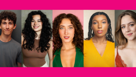 Five young musical theater artists' headshots side-by-side, with hot pink above and below.