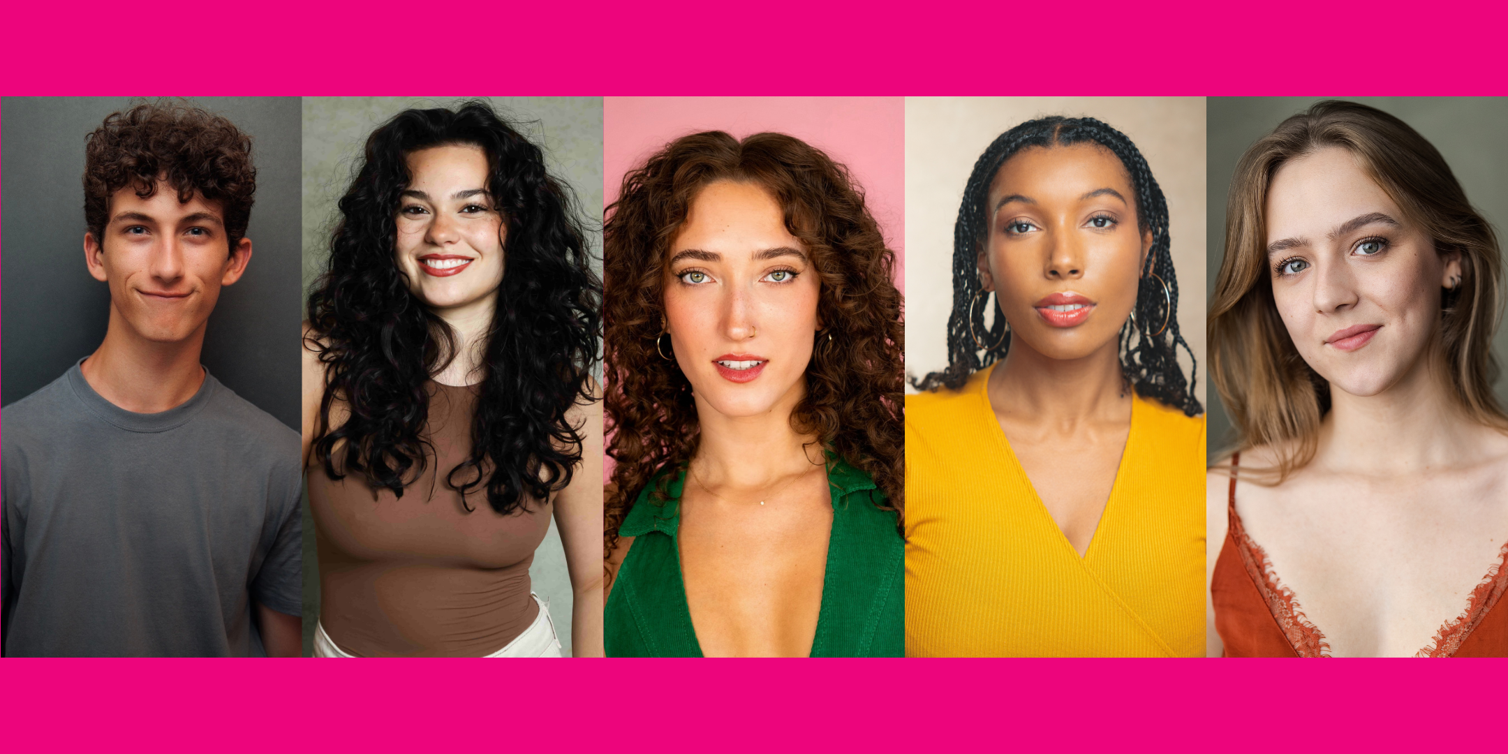 Five young musical theater artists' headshots side-by-side, with hot pink above and below.