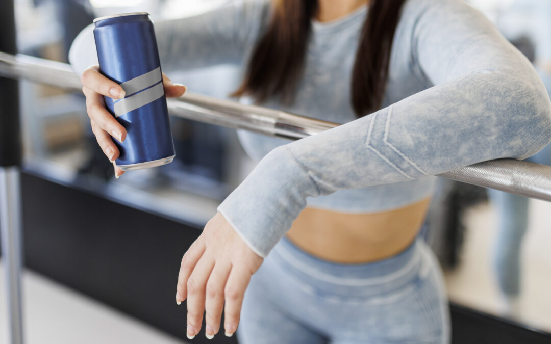 A woman rests her arms on a ballet barre in a gym, holding an energy drink in one hand.