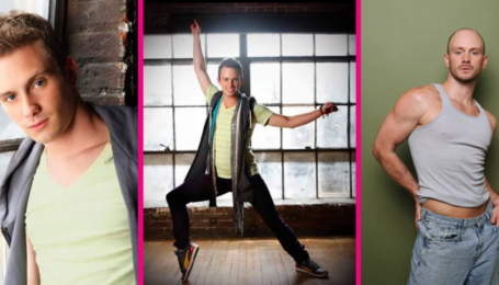 Three photos side-by-side separated by hot pink stripes. On the far left, a young Jakob Karr poses for a headshot in a warehouse. In the middle, he lunges to the side with his arms raised, wearing jeans, a light green shirt, and a gray vest. He dances in front of a warehouse window. On the right, Jakob Karr's current headshot. He wears a gray tank top and jeans, and poses in front of a green background.
