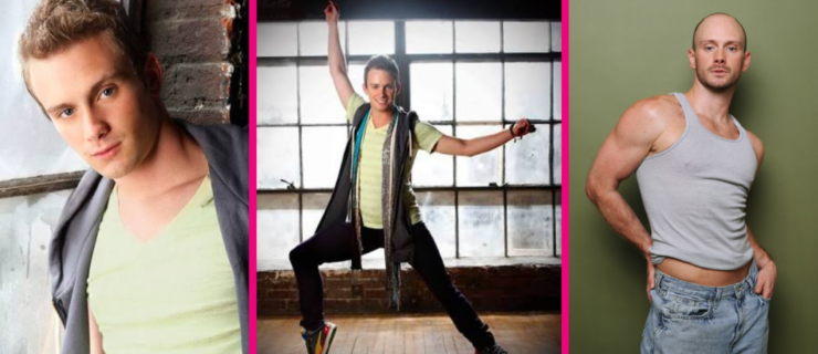 Three photos side-by-side separated by hot pink stripes. On the far left, a young Jakob Karr poses for a headshot in a warehouse. In the middle, he lunges to the side with his arms raised, wearing jeans, a light green shirt, and a gray vest. He dances in front of a warehouse window. On the right, Jakob Karr's current headshot. He wears a gray tank top and jeans, and poses in front of a green background.