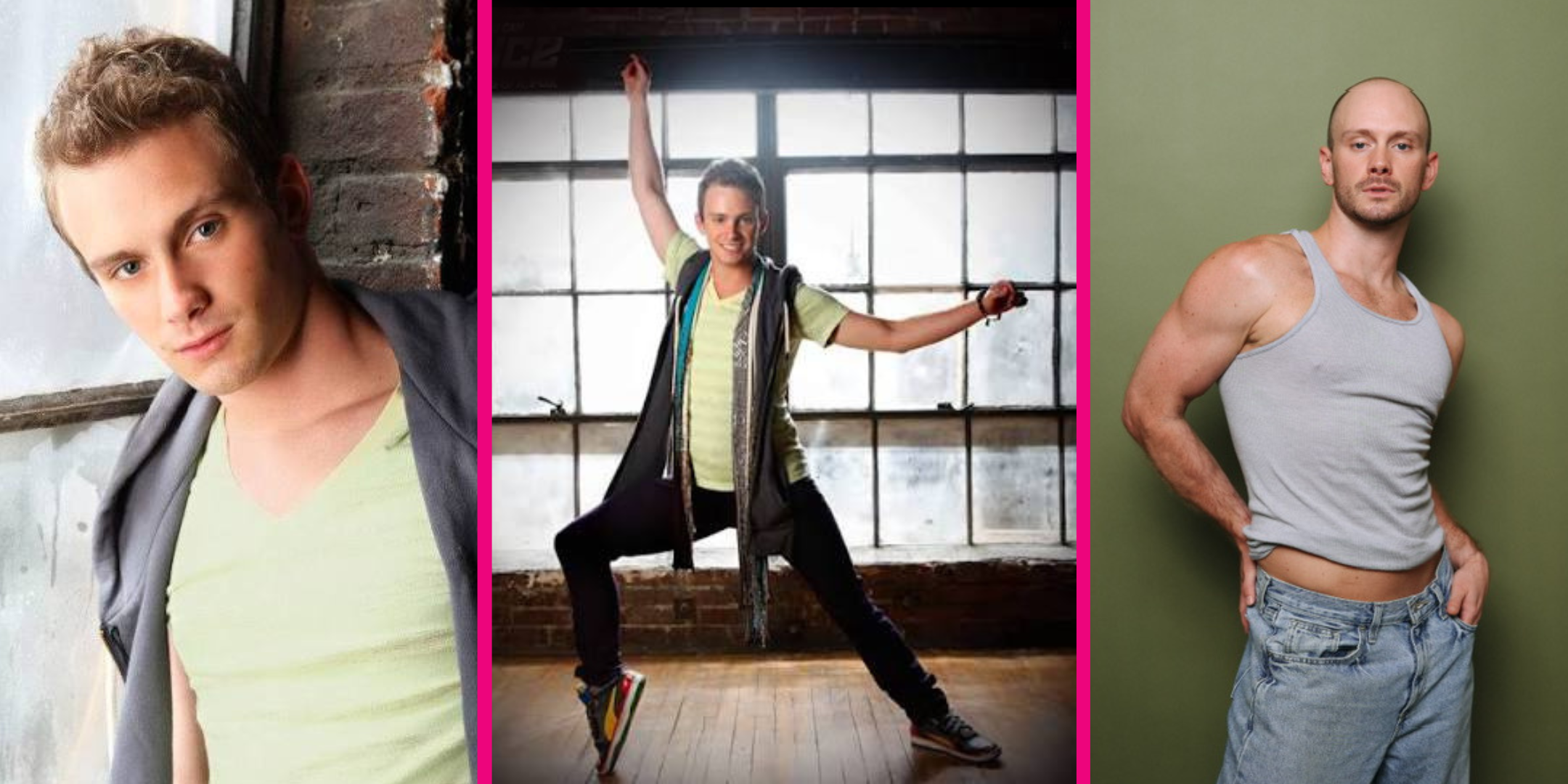 Three photos side-by-side separated by hot pink stripes. On the far left, a young Jakob Karr poses for a headshot in a warehouse. In the middle, he lunges to the side with his arms raised, wearing jeans, a light green shirt, and a gray vest. He dances in front of a warehouse window. On the right, Jakob Karr's current headshot. He wears a gray tank top and jeans, and poses in front of a green background.