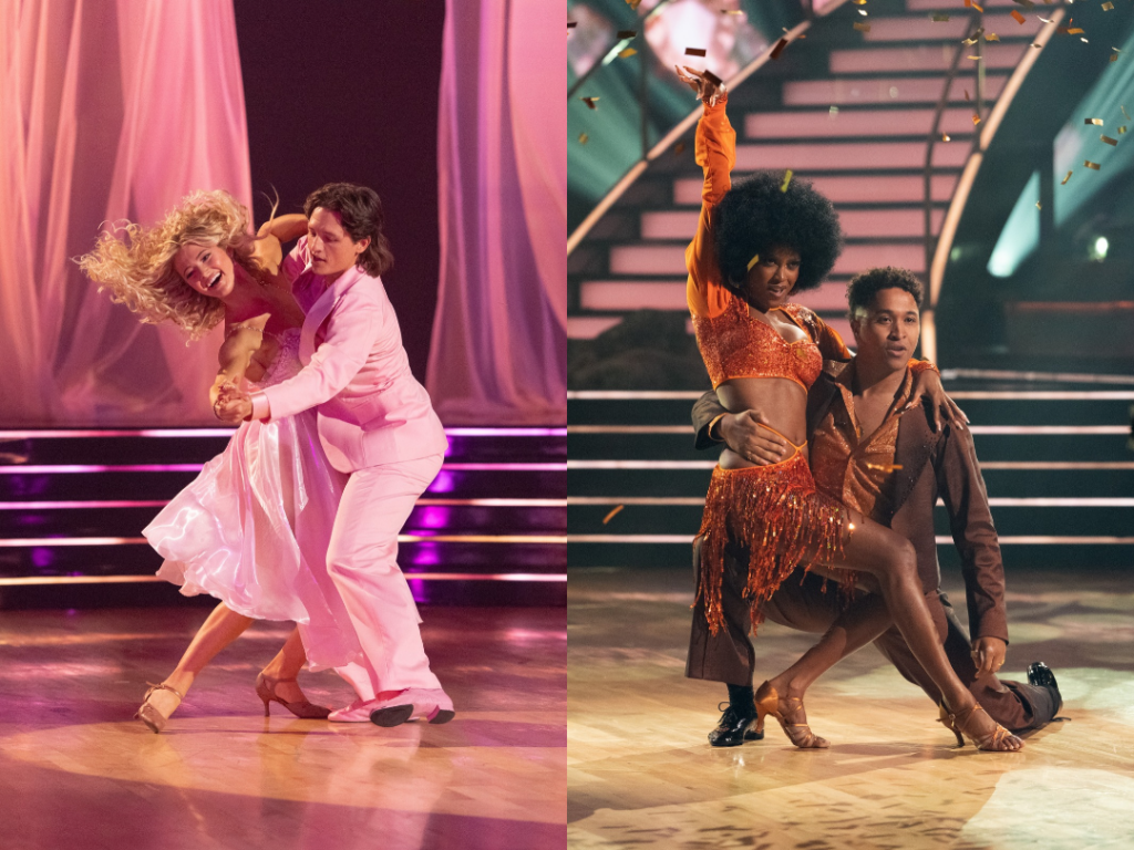Two photos side-by-side. On the left, Rylee Arnold and Connor Wood dance in frame, leaning over their extended legs, in light pink costumes. Arnold's hair flies. On the right, Ciara Miller sits on a kneeling Brandon Armstrong's knee with her top arm extended and her other around his shoulders. Miller wears a sparkly two-piece orange costume and gold grillz, with her hair styled in an afro.