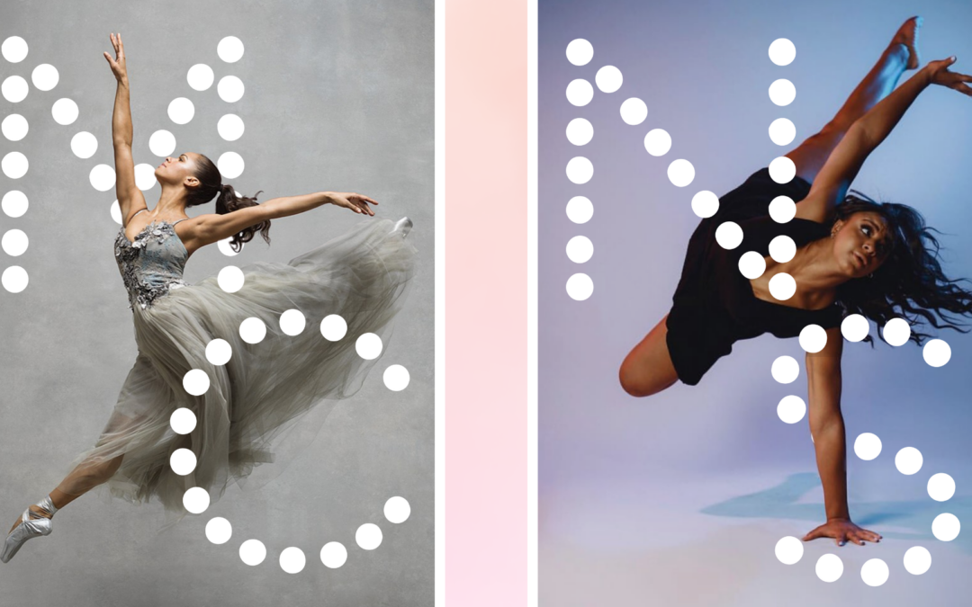 Two photos side-by-side. On the left, Misty Copeland splits her legs in a sauté with her arms in high arabesque. She wears a long, couture gray gown. On the right, Nia Sioux kicks both legs in the air (with one tucked into passé) with one arm lifted and the other reaching down to the floor, using her flat palm for support. She wears a short black dress. Their respective initials (MC and NS) partially cover each photo.