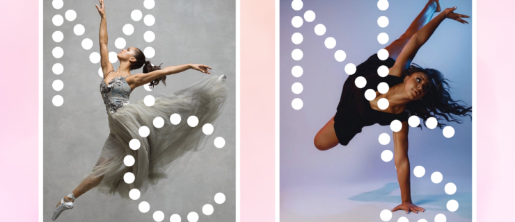 Two photos side-by-side. On the left, Misty Copeland splits her legs in a sauté with her arms in high arabesque. She wears a long, couture gray gown. On the right, Nia Sioux kicks both legs in the air (with one tucked into passé) with one arm lifted and the other reaching down to the floor, using her flat palm for support. She wears a short black dress. Their respective initials (MC and NS) partially cover each photo.