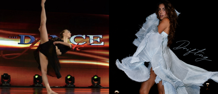Two photos side-by-side. On the left, a young Christina Ricucci performs at a dance competition in a black two-piece. She does a penché with her arms back. On the right, the cover of GiaNina Paolantonio's "Drifting" album with Paolantonio swirling a long white dress with off-the-shoulder billowing sleeves.