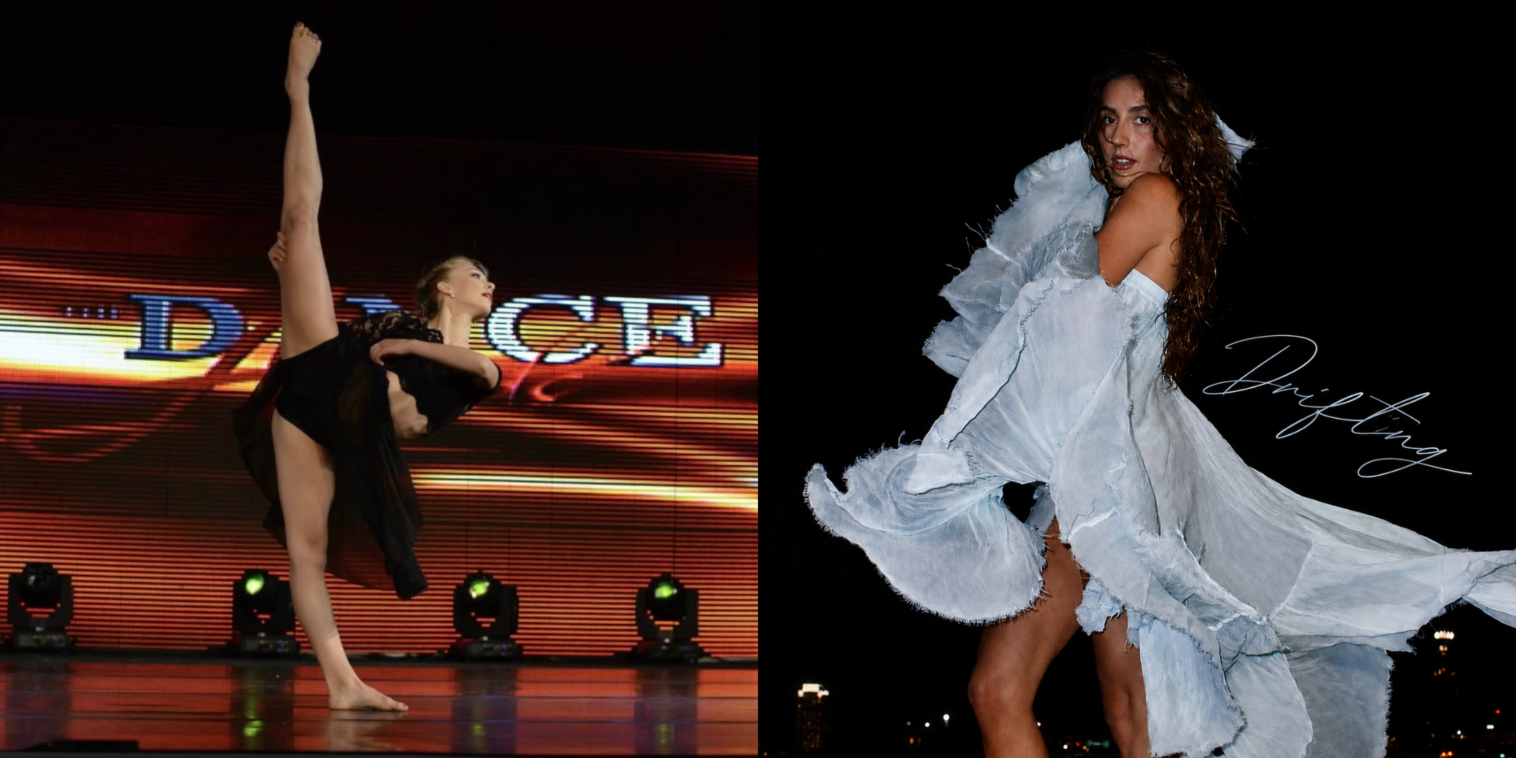 Two photos side-by-side. On the left, a young Christina Ricucci performs at a dance competition in a black two-piece. She does a penché with her arms back. On the right, the cover of GiaNina Paolantonio's "Drifting" album with Paolantonio swirling a long white dress with off-the-shoulder billowing sleeves.