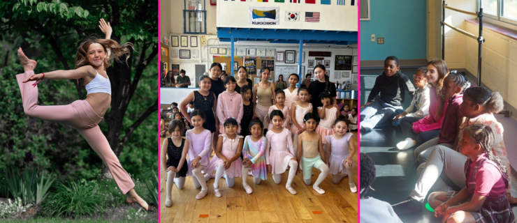 Three photos side-by-side. On the far left, Aubrey Sheldon jumps outside with her back leg in attitude. She wears a white crop top and light pink dance pants. In the middle, a group of young ballet students pose for a group photo with teen leaders and teachers. On the far right, Isabella Addison Perrone sits on the floor with a group of elementary students as they listen to someone off-camera.