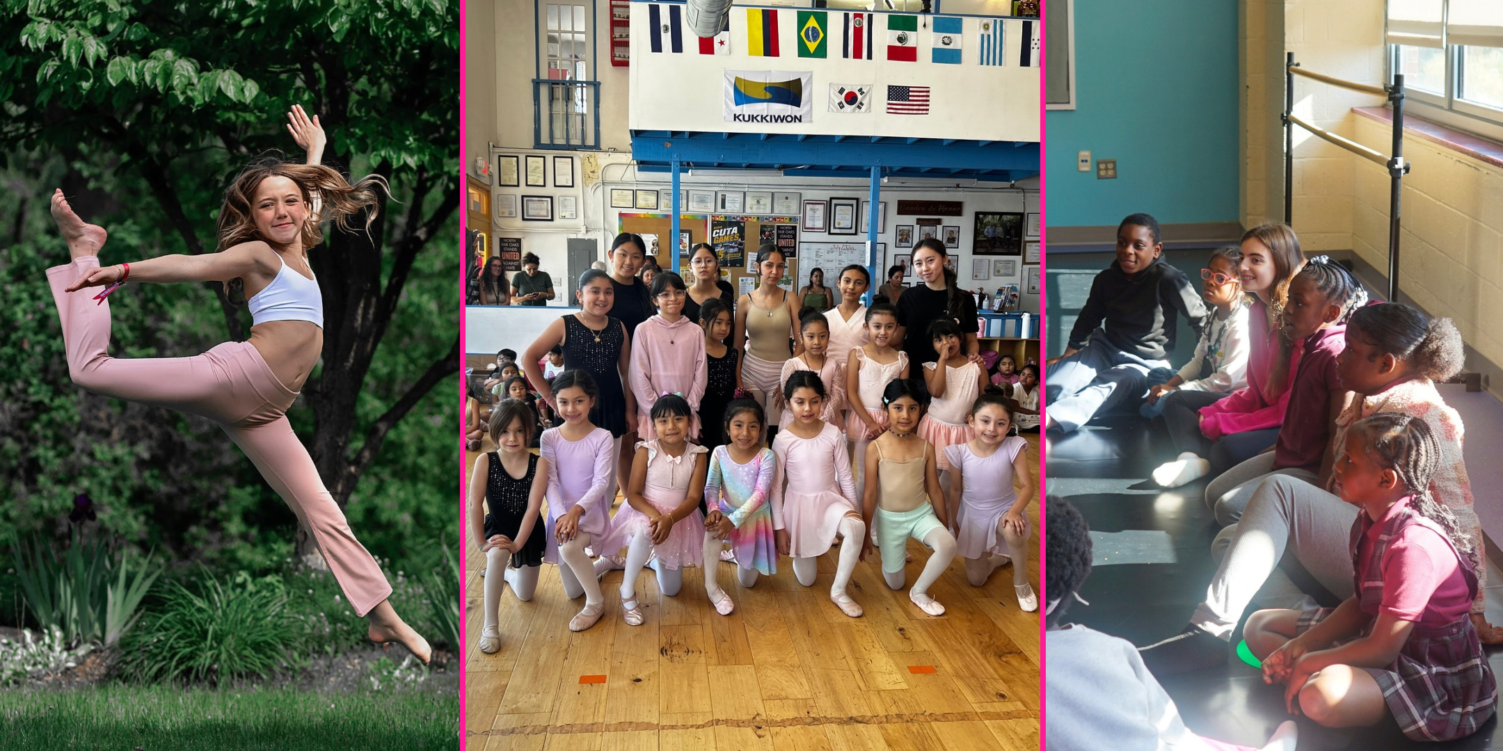 Three photos side-by-side. On the far left, Aubrey Sheldon jumps outside with her back leg in attitude. She wears a white crop top and light pink dance pants. In the middle, a group of young ballet students pose for a group photo with teen leaders and teachers. On the far right, Isabella Addison Perrone sits on the floor with a group of elementary students as they listen to someone off-camera.