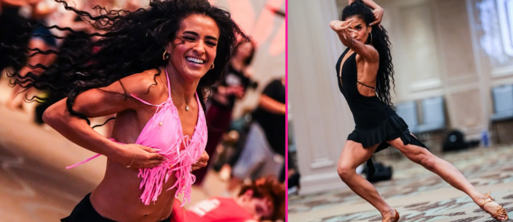 Two photos. On the left: Stephani Sosa laughs, her long hair swishing, as she trots forward in a ballroom full of dancers. On the right: Stephani Sosa dances in a ballroom at a dance convention, wearing a short black dress and ballroom heels. She shifts her weight to the side with one leg straight and the other bend, twisting her torso and reaching one arm forward, the other lifted up and tucked behind her head.