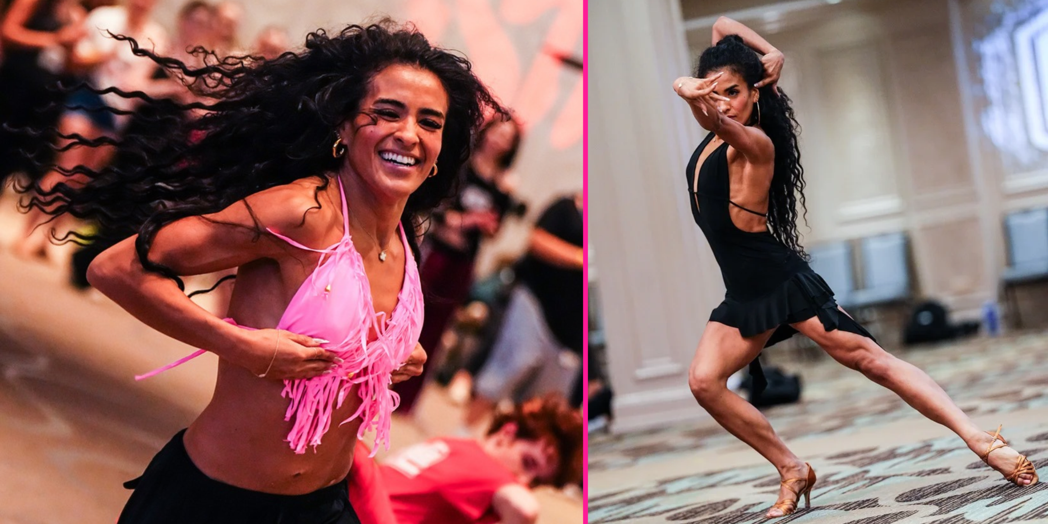Two photos. On the left: Stephani Sosa laughs, her long hair swishing, as she trots forward in a ballroom full of dancers. On the right: Stephani Sosa dances in a ballroom at a dance convention, wearing a short black dress and ballroom heels. She shifts her weight to the side with one leg straight and the other bend, twisting her torso and reaching one arm forward, the other lifted up and tucked behind her head.